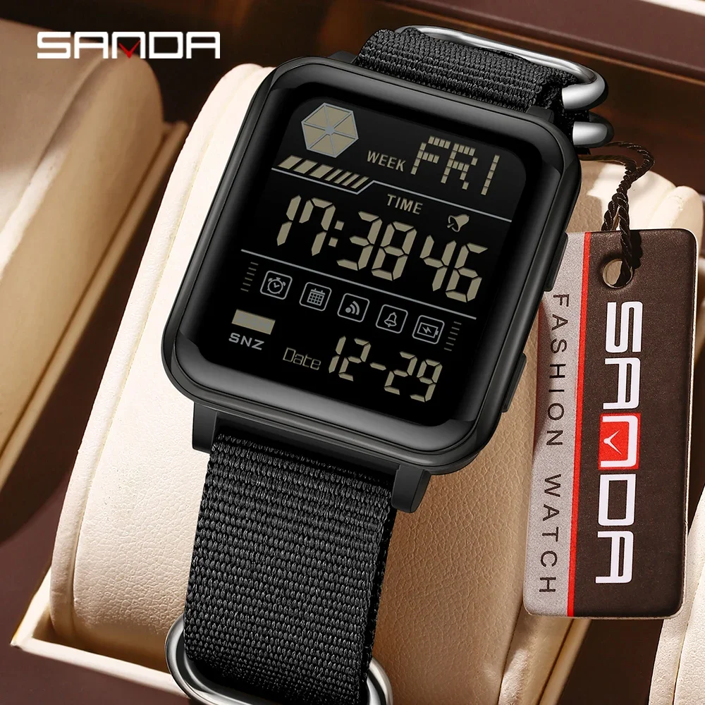 SANDA6159 Youth Men's and Women's Sports Electronic Watch 5ATM Waterproof Multi Functional Ultra Thin Couple Watch Nylon Strap
