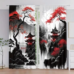 2pcs Chinese Mountain lnk Painting Print Curtain,  Digital Printing Curtains for Living Room Bedroom Kitchen Study, Home Decor