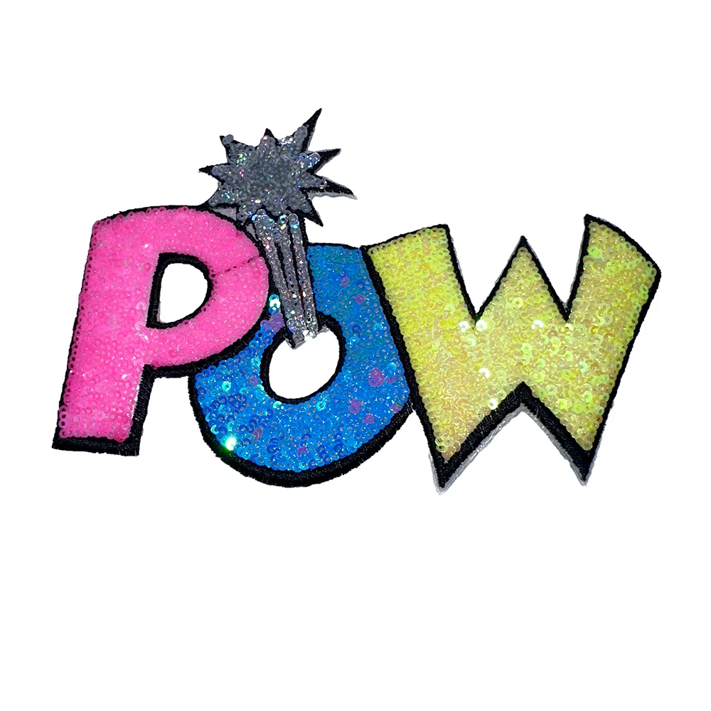 1-teiliger Pailletten-Patch aus Stoff mit Buchstaben „POW“, Dekorationspatch für Daunenjacken, zum Aufbügeln auf Kleidung, Taschen, Dekoration
