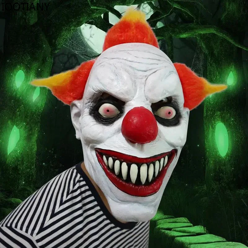 IOOTIANY Scary Ghost Clown Cosplay Mask Face Fancy Dress Party Props Adult Latex With Hair Halloween Masks Props Rave Outfit New