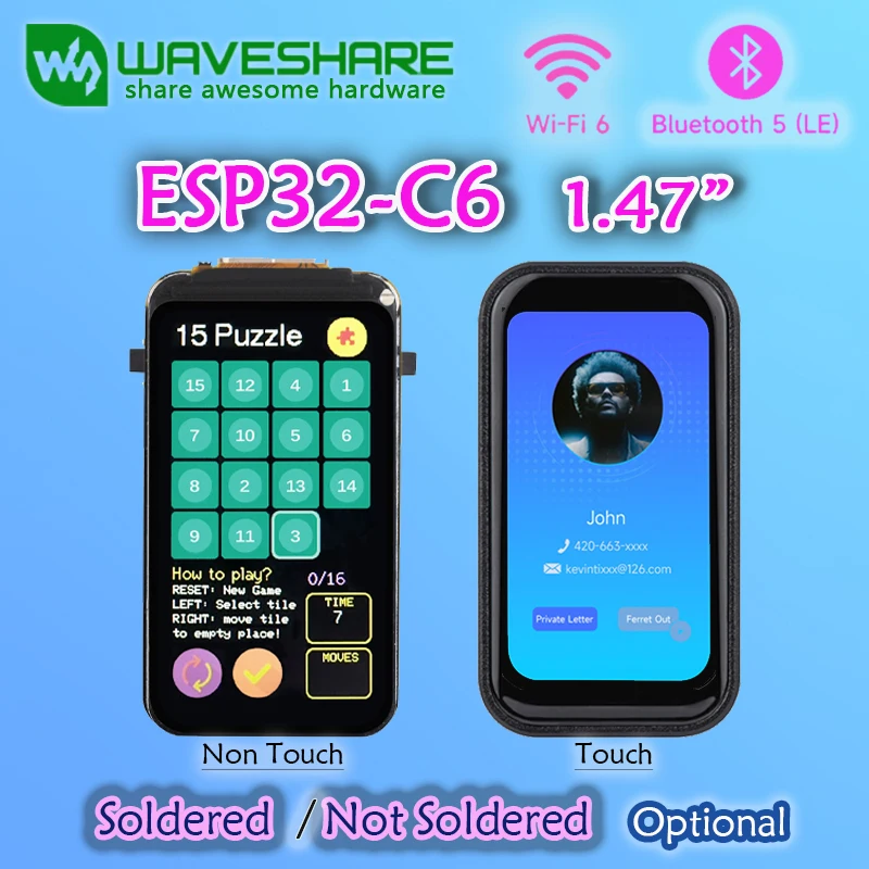 

Дисплей Waveshare ESP32-C6, 1,47-дюймовый сенсорный ЖК-экран, Wi-Fi 6 и Bluetooth Deve Board 172 × 320, 262 К, цвет с цветным RGB-подсветкой