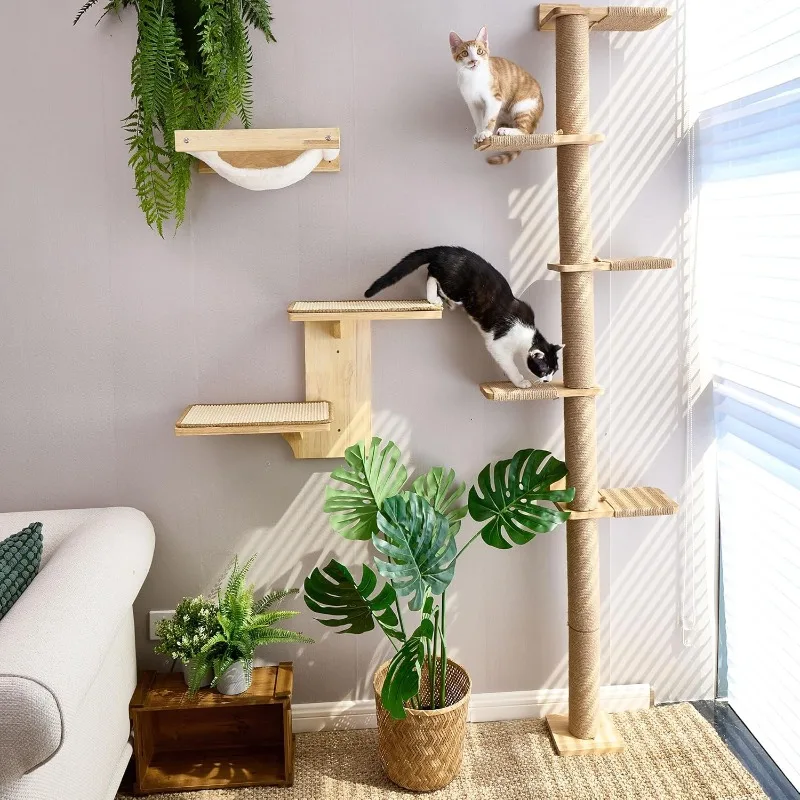 5 Tier Floor to Ceiling Cat Tower, Wall-Mounted Cat Scratching Post, Wild Simulation Cat Wall Shelves, Suitable