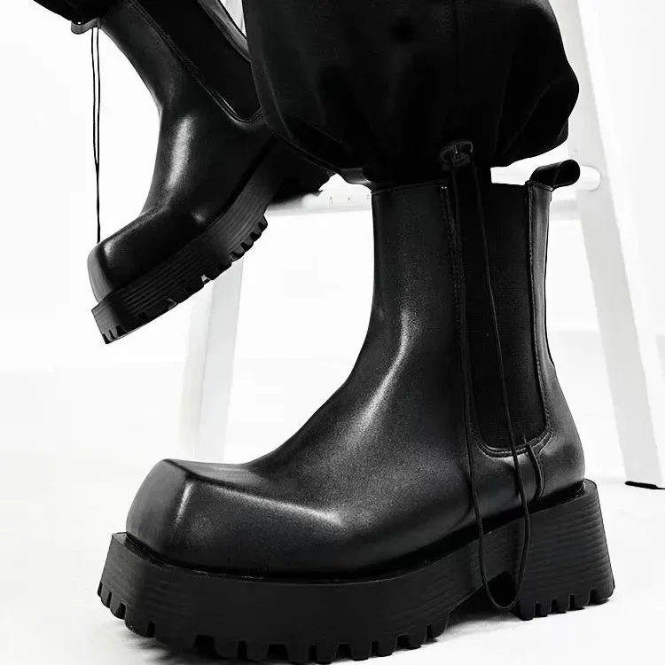 

Square Toe Platform Black Boots Side Elastic Fabric Slip On Shoes Women/men 2025 New Autumn Winter Fashion Ankle Boots Wedges