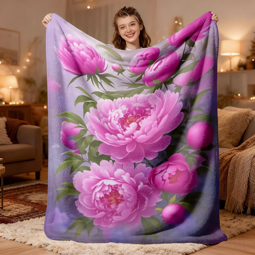 Gradient Purple Background Vivid Pink Peony Flower Green Leaf Painting Print Warm Blanket For Bedroom Sofa Camping Home Leisure