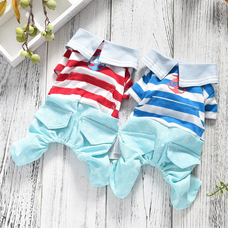 Striped Summer Puppy Spring Clothes For Small Dogs Blue Red T Shirt With Denim Blue Pants XS XXL Pajamas Pet Poodle Bichon Cat