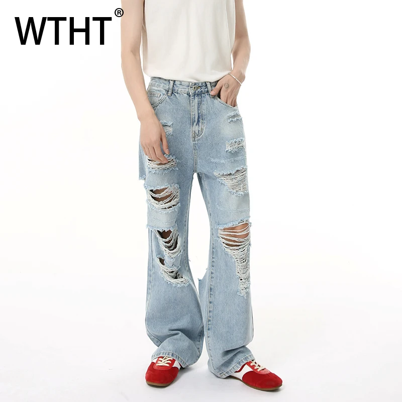 

WTHTM New Fashion Men‘s Heavy Industy Hole Burr Edge Design Denim Pants Vintage High-waisted Wide Leg Jeans Male Summer 2A0057