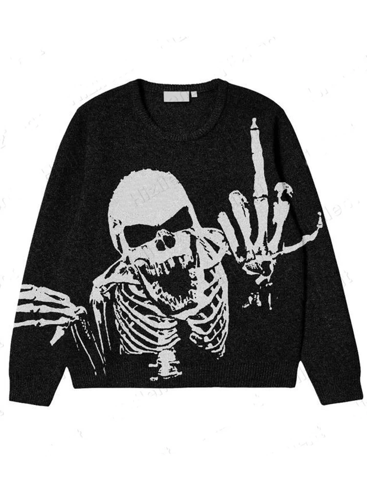 BIG PROMOTION Y2K European and American Autumn and Winter Men\'s Gothic Casual Black Loose Skeleton Print Vintage Knitted Sweater