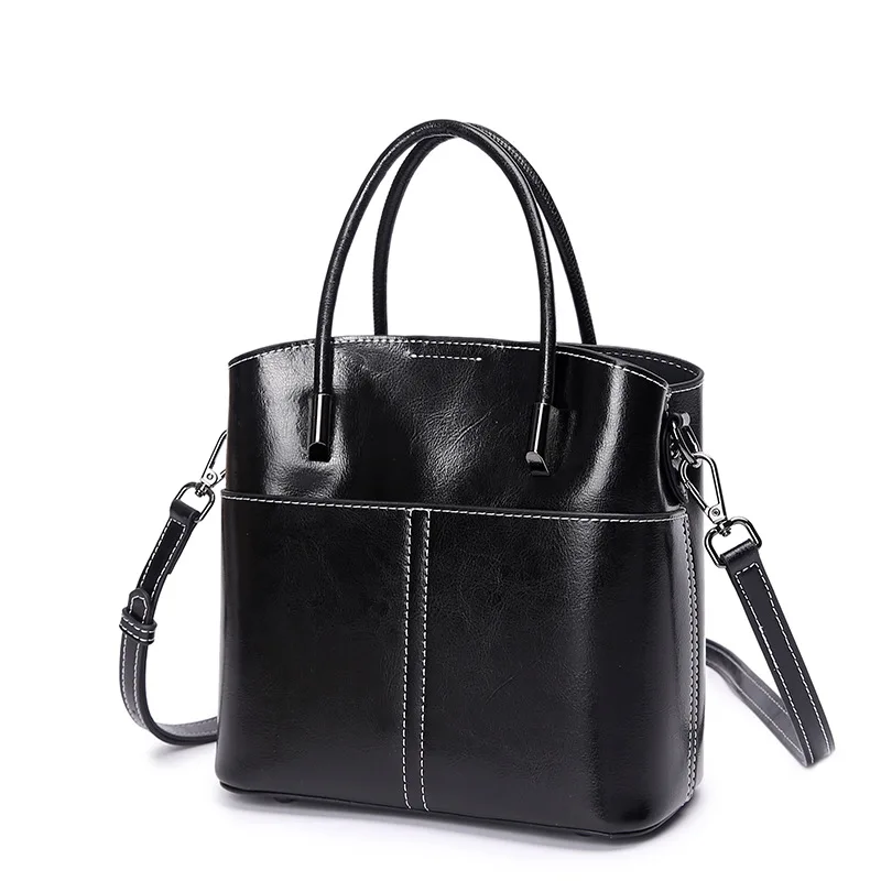 2024 Exquisite and Fashionable Versatile Oil Wax Cowhide Bucket Bag Women\'s Leisure Minimalist Handheld Shoulder Crossbody Bag