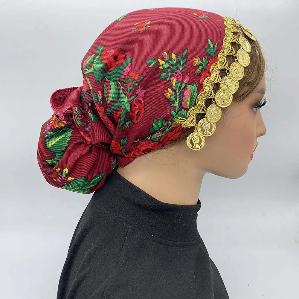 Russian Style Floral Print Gold Pieces Bandana Scarf Ethnic Headscarf Lady Headband Scarves Babushka Head Wraps image 4