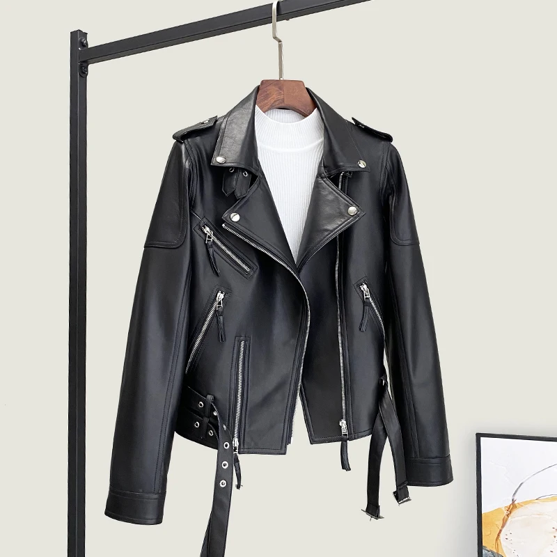 2025 Sheepskin Jacket For Women Slim Fit Genuine Leather Fashionable Versatile Suit Collar Biker Motor Jacket Belt Plus Size