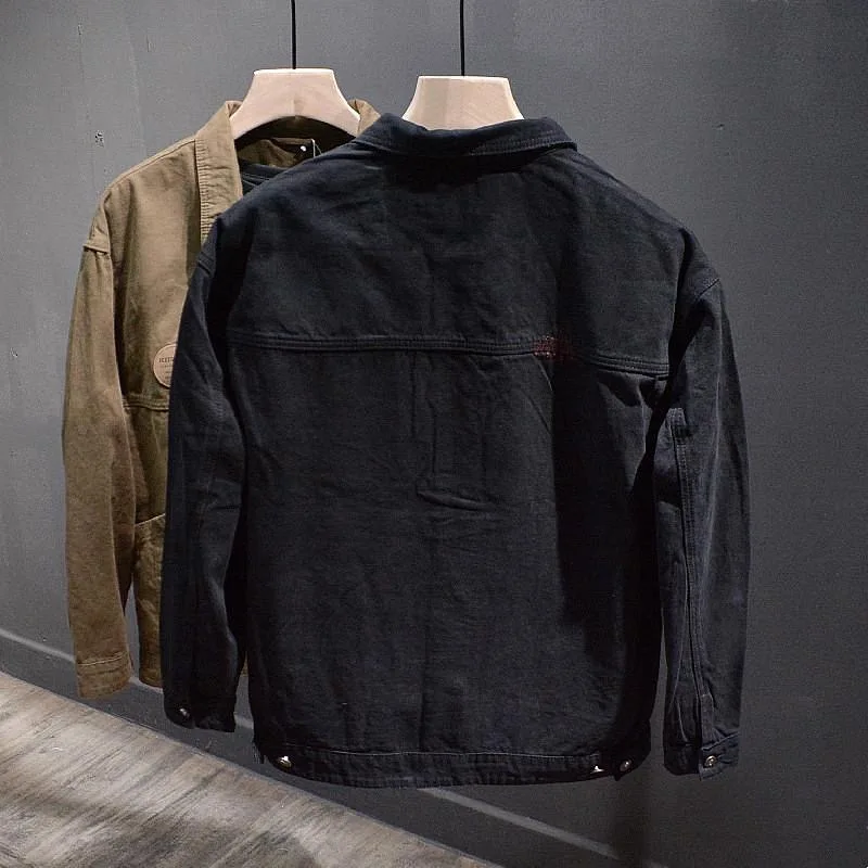 Retro American Cotton Work Jacket Men's Autumn Winter Casual Loose Top Denim Coat Welder Wear Resistant Long Sleeve Coat