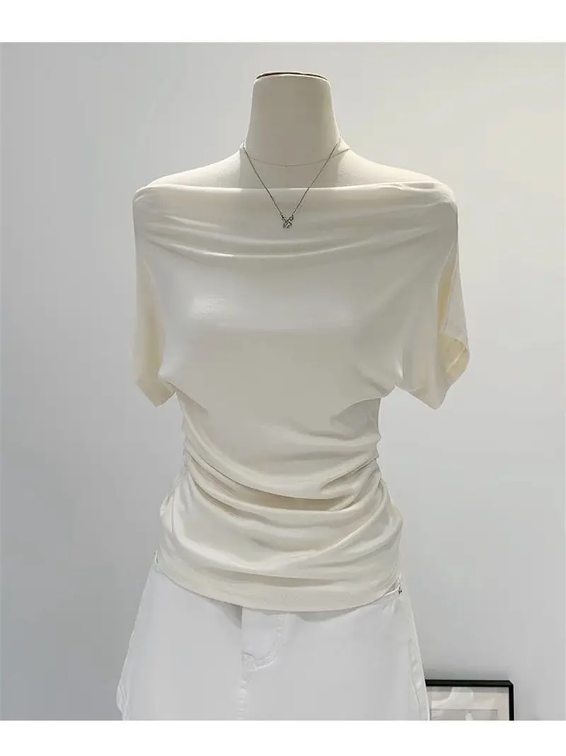 Korean Fashion Cowl Neck Off Shoulder Top Women Short Sleeve Solid Color Side Ruched Waist Blouse Draped Slim Fit Casual Daily S