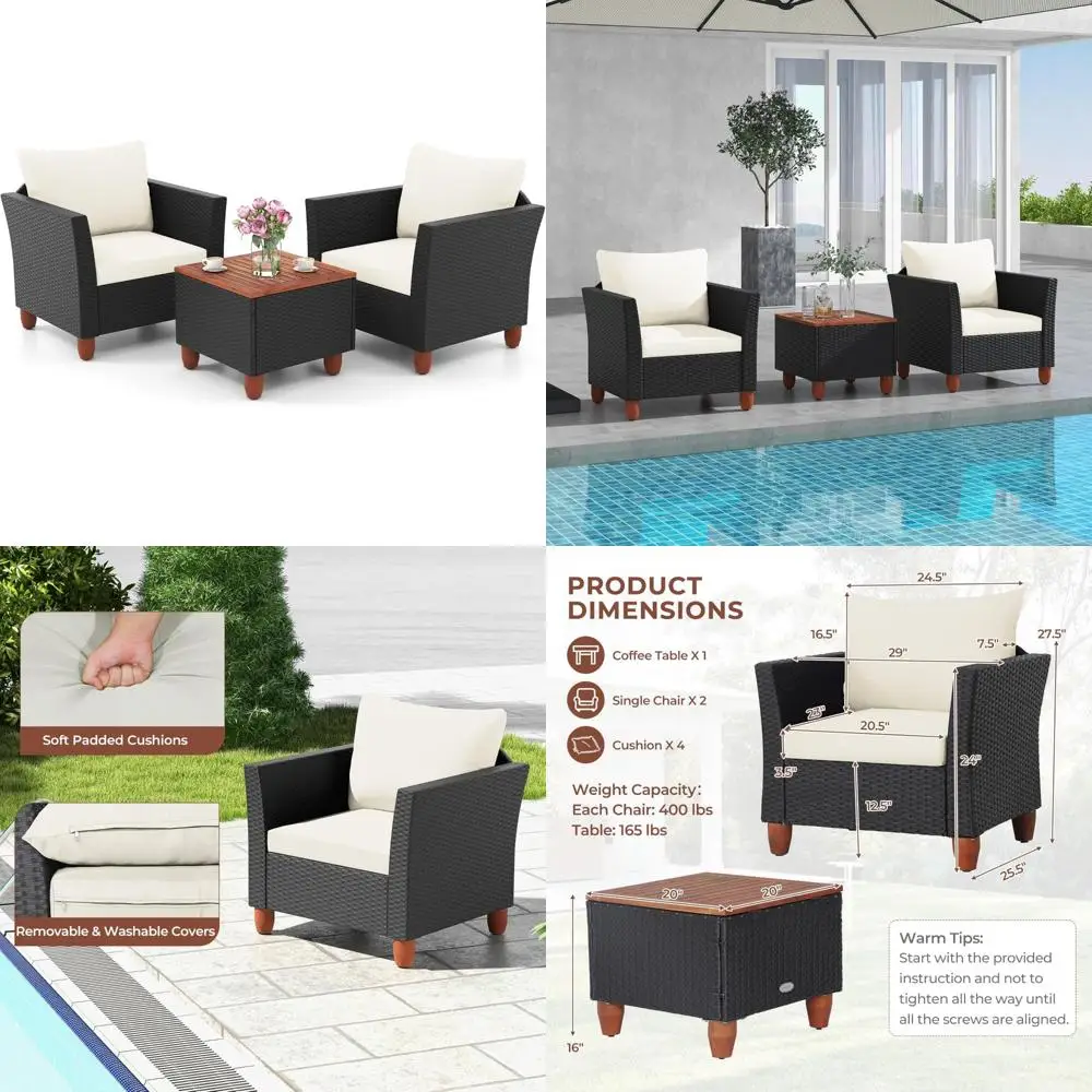 

Плетеный набор для бистро из 3 предметов для улицы с подушками и журнальным столиком из акации