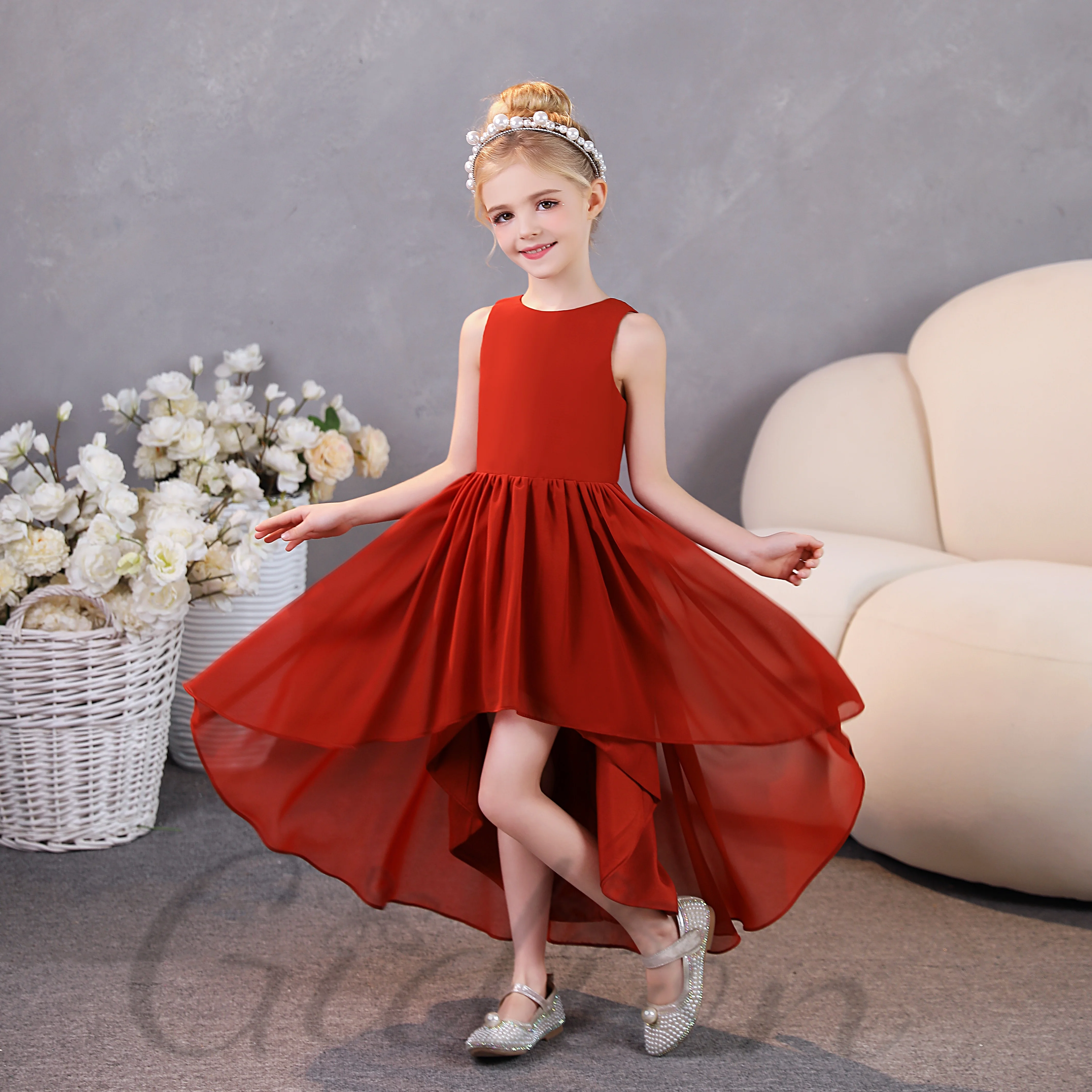 High-Low Chiffon Junior Bruidsmeisje Jurk Voor Kinderen Bruiloft Verjaardagsfeest Banket Feestvreugde Optocht Bal Evenement