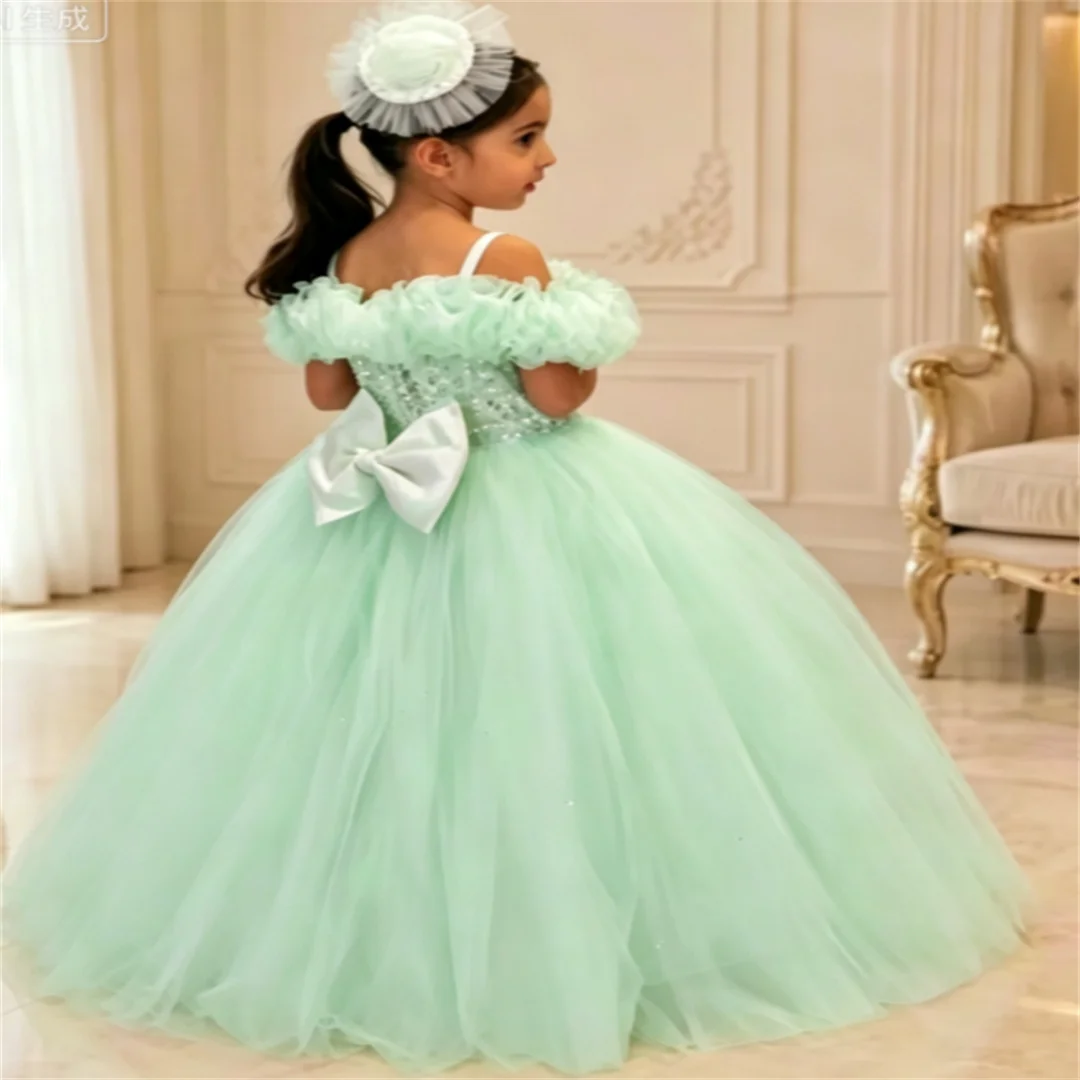 Customized Elegant Ivory Flower Girl Dress For Wedding Tulle Floor Length Sequins Ruffles Kids First Communion Formal Event Gown