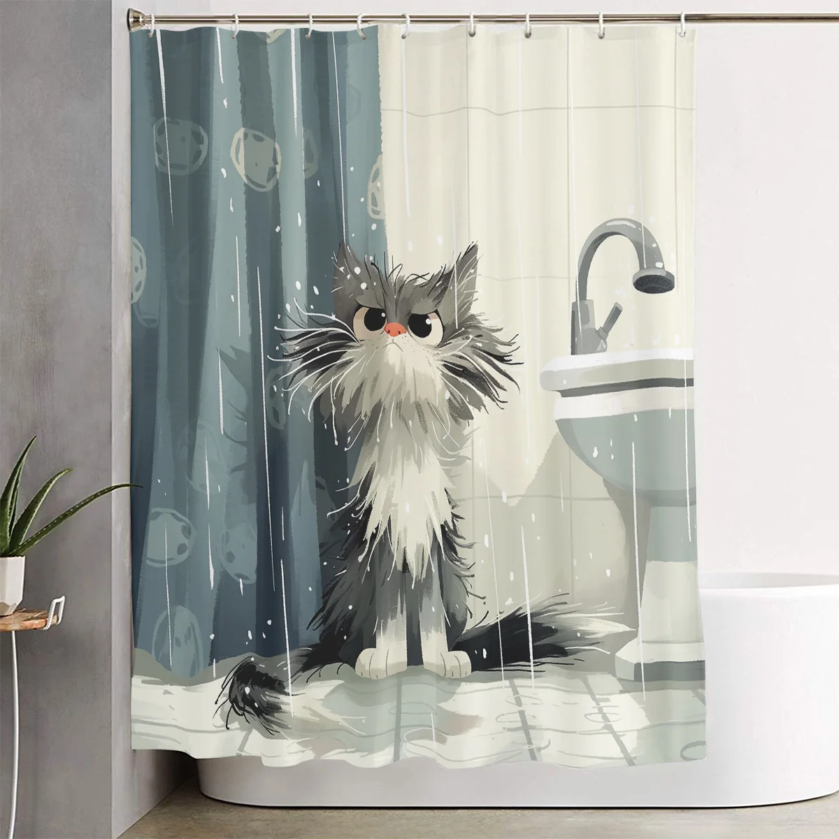

Набор для ванной комнаты с рисунком кошки и капель воды, весенне-летний дизайн, шторка для душа, пригодная для машинной стирки, с 12 крючками. Улучшает пространственную эстетику.