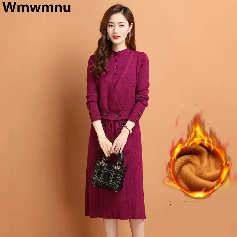 Thicken Velvet Lined Long Sleeve Knitwear Sweater Dresses Fake 2 Piece Knitted Dress Warm Winter Mid-length Elegant Vestidos