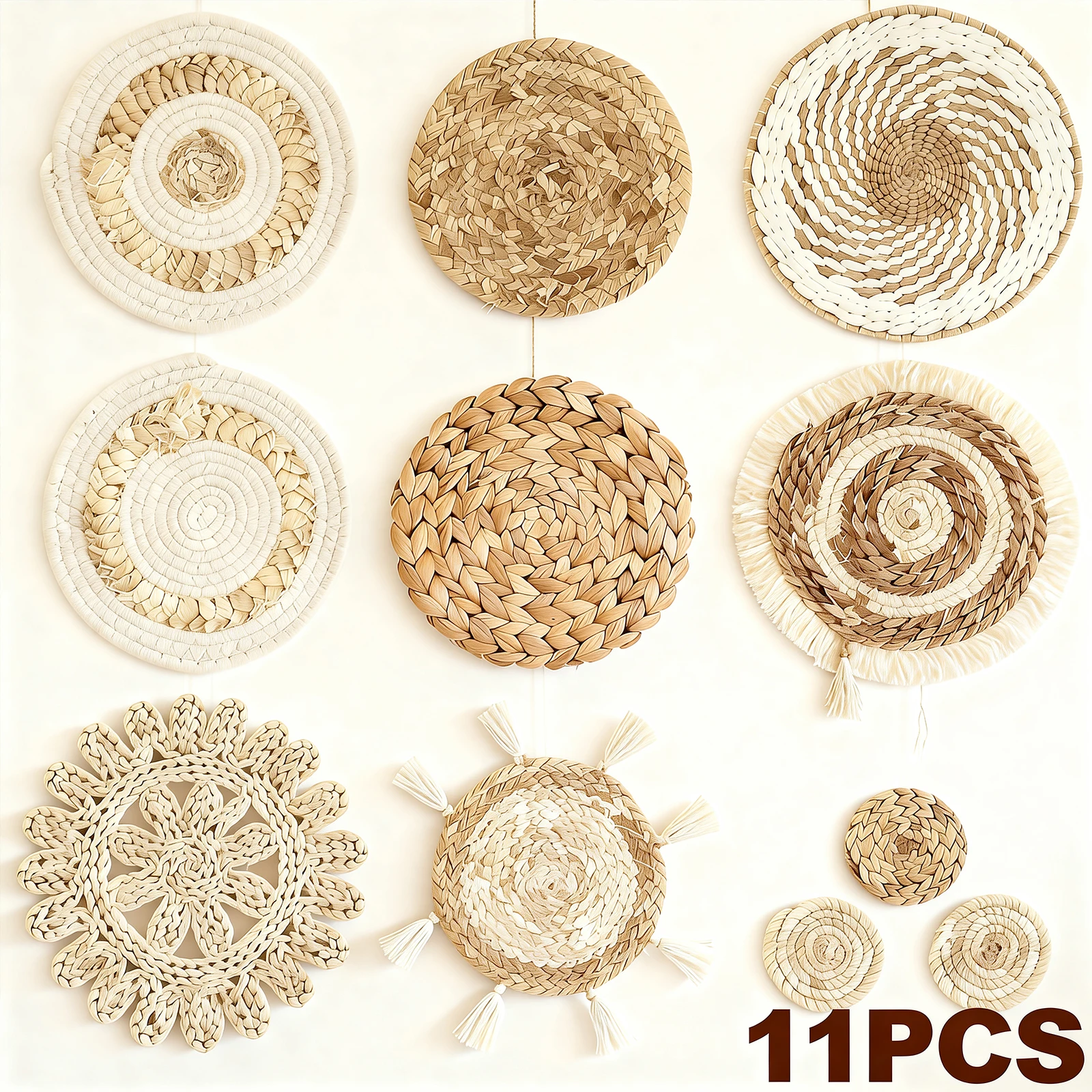 11Pcs Woven Wall Basket Decor Decorative Rattan Wicker Wall Decor Handmade Wicker Wall Baskets Aesthetic Wall Basket Decor Woven
