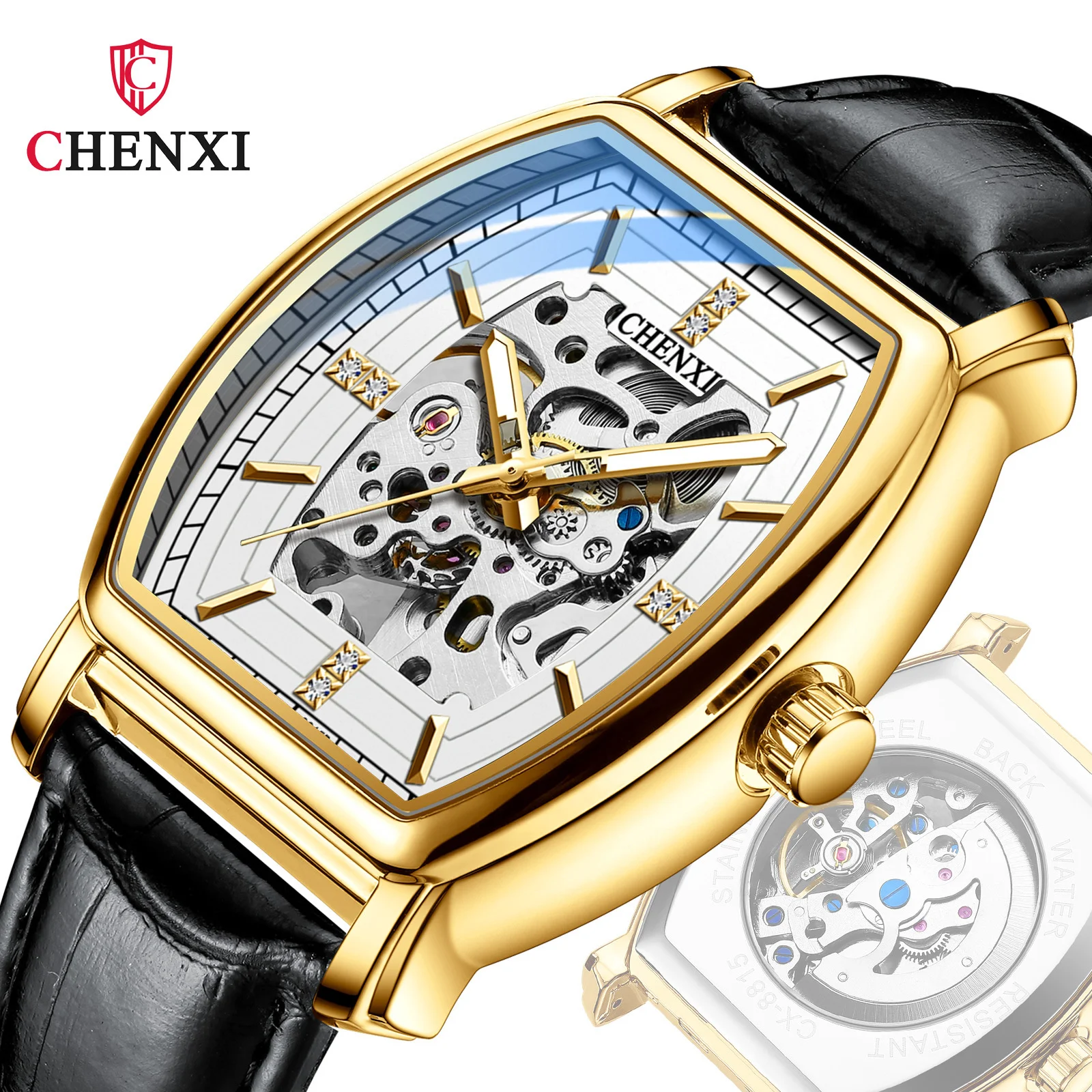 

CHENXI 8815B Men's Mechanical Watch New Barrel Type Automatic Hollow Luminous Waterproof Brand Black Leather Watches for Male