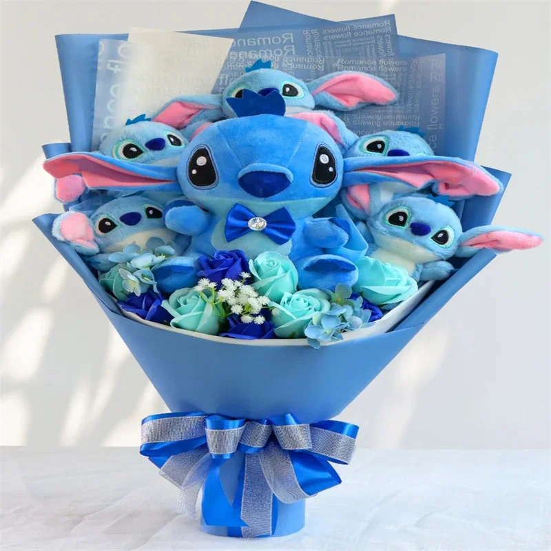 Cartoon Bouquet Stitch Plush Doll Rose Soap Flower With Graduation Hats Creative Cute Handmade Valentine'S Day Graduation Gift