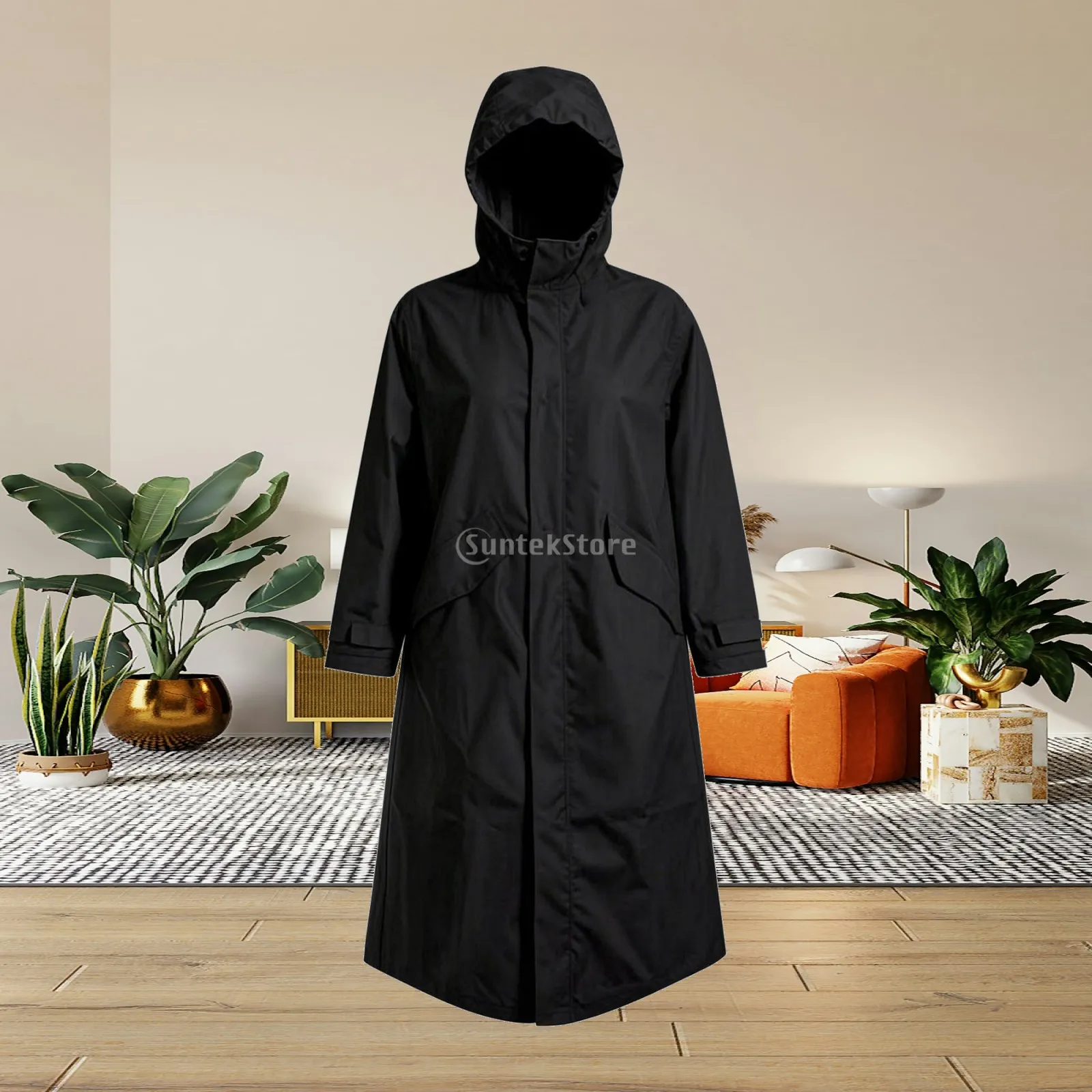 Zip Front Raincoat Windbreaker for Outdoor Activities Knee Length Hooded Coat with Flap Pockets Pongee PU