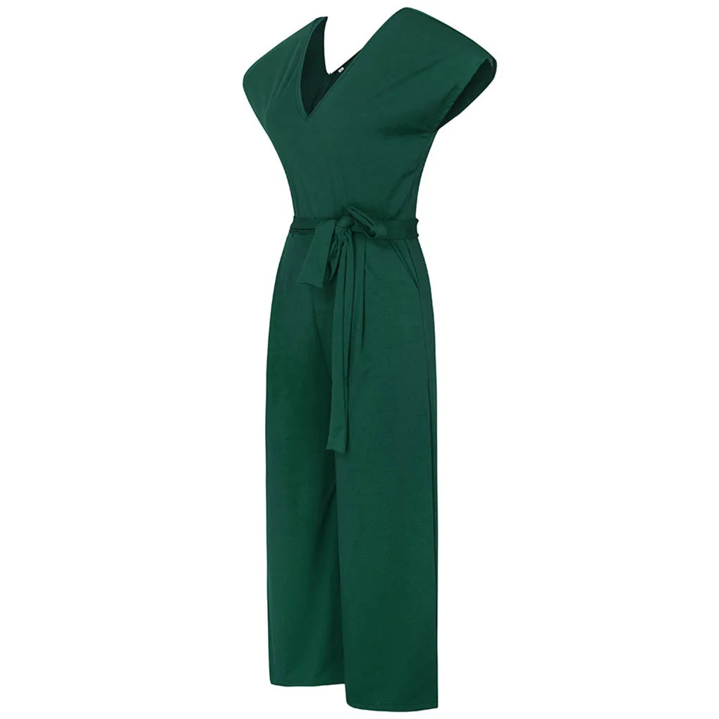 Women V-neck Jumpsuit Short Sleeve Solid Color Summer Playsuit Rompers