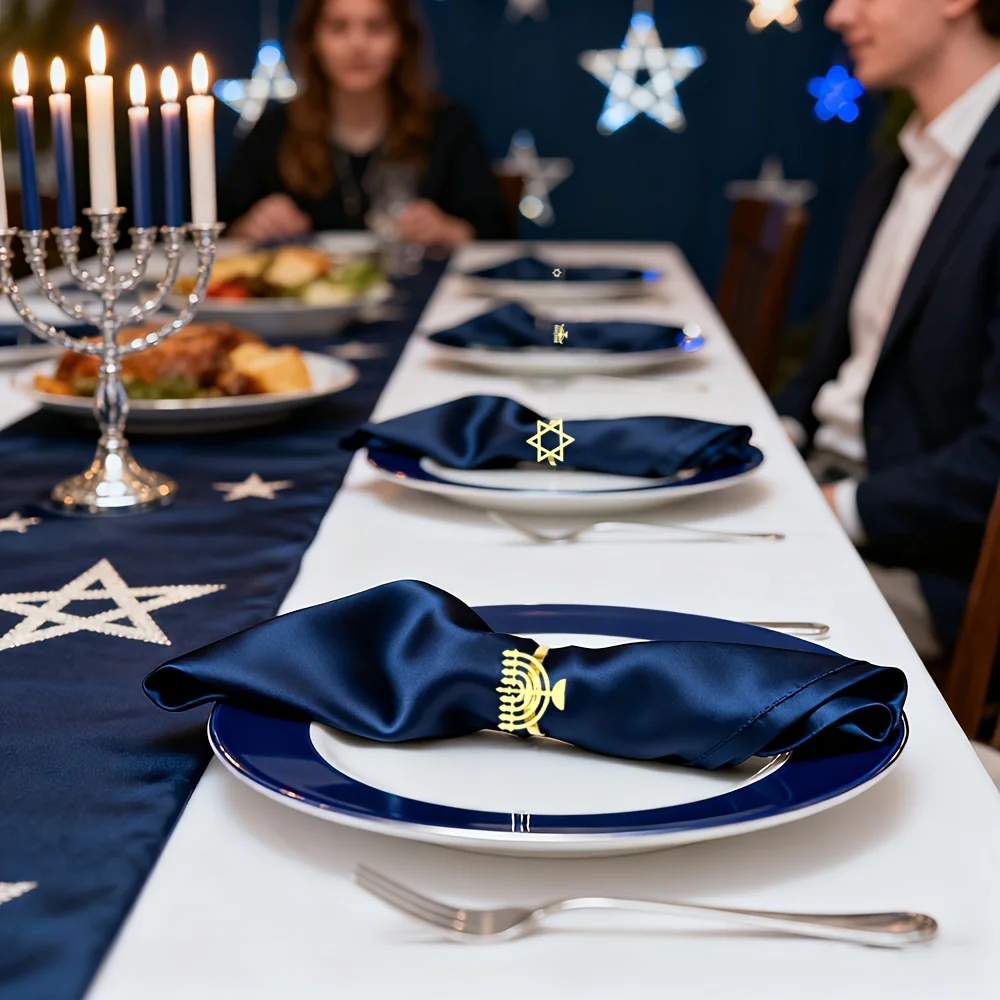 6Pcs Hanukkah Menorah Napkin Rings Gold Silver Rhinestone Star Cloth Holder Buckles Set Chanukah Jewish Party Table Decoration view 5
