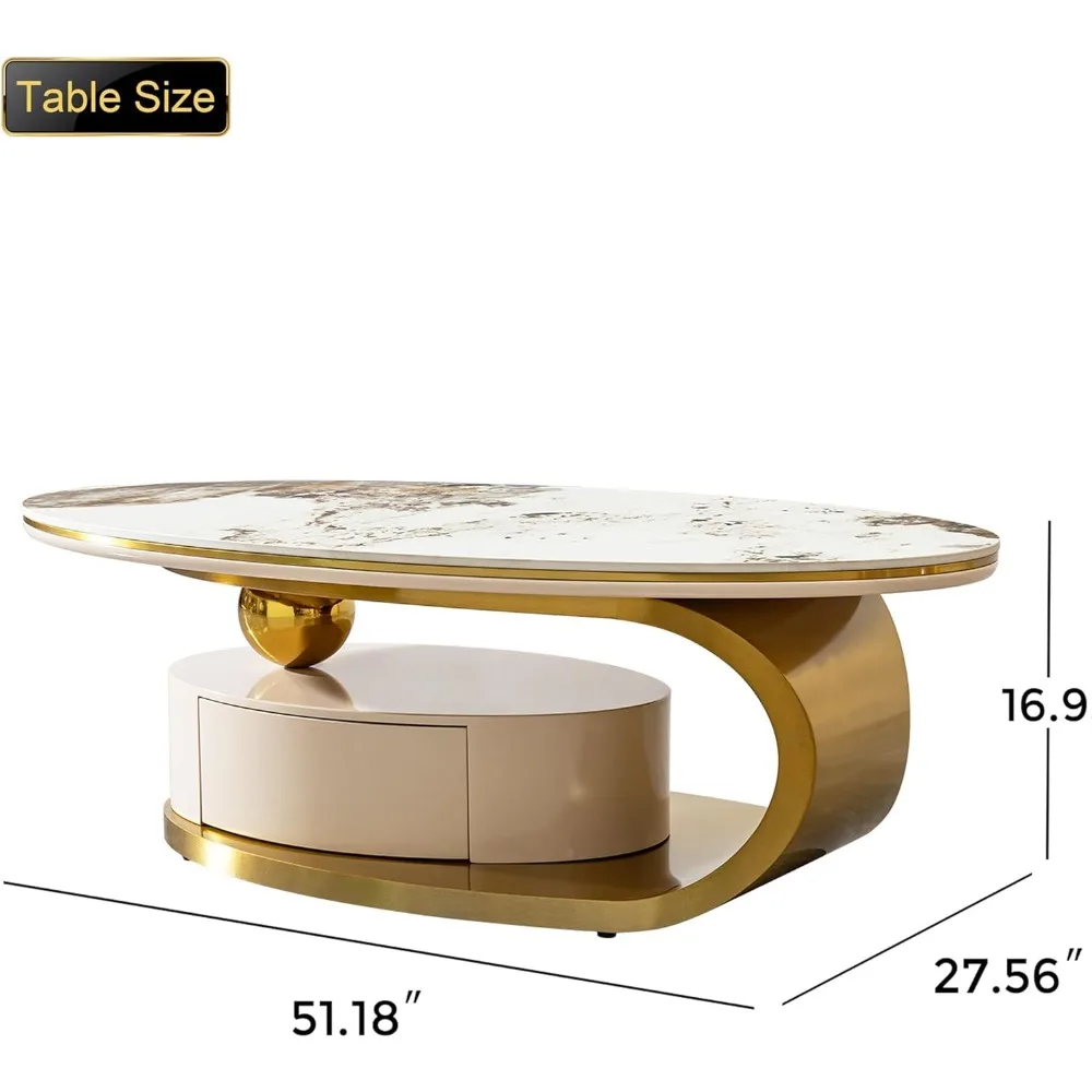 طاولة قهوة رخامية بيضاوية، طاولة غرفة معيشة ذهبية حديثة مع درجين، سطح حجري متكلس مقاس 51 بوصة وقاعدة من الفولاذ المقاوم للصدأ باللون الذهبي غير اللامع