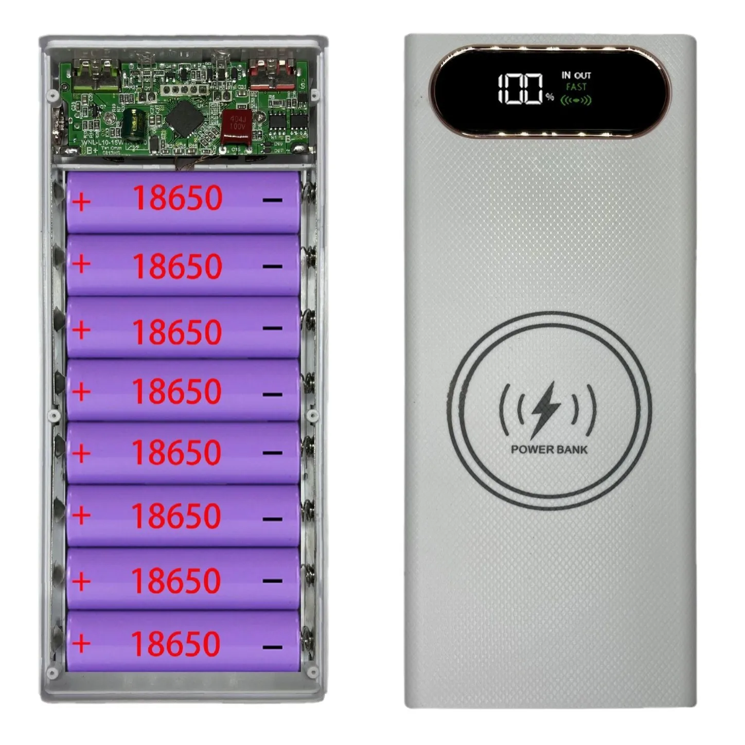 22.5W Fast Charging 15W Wireless Power Bank Battery Holder 8*18650 Flat Batteries Box Power Bank Case DIY Shell for Mobilephone