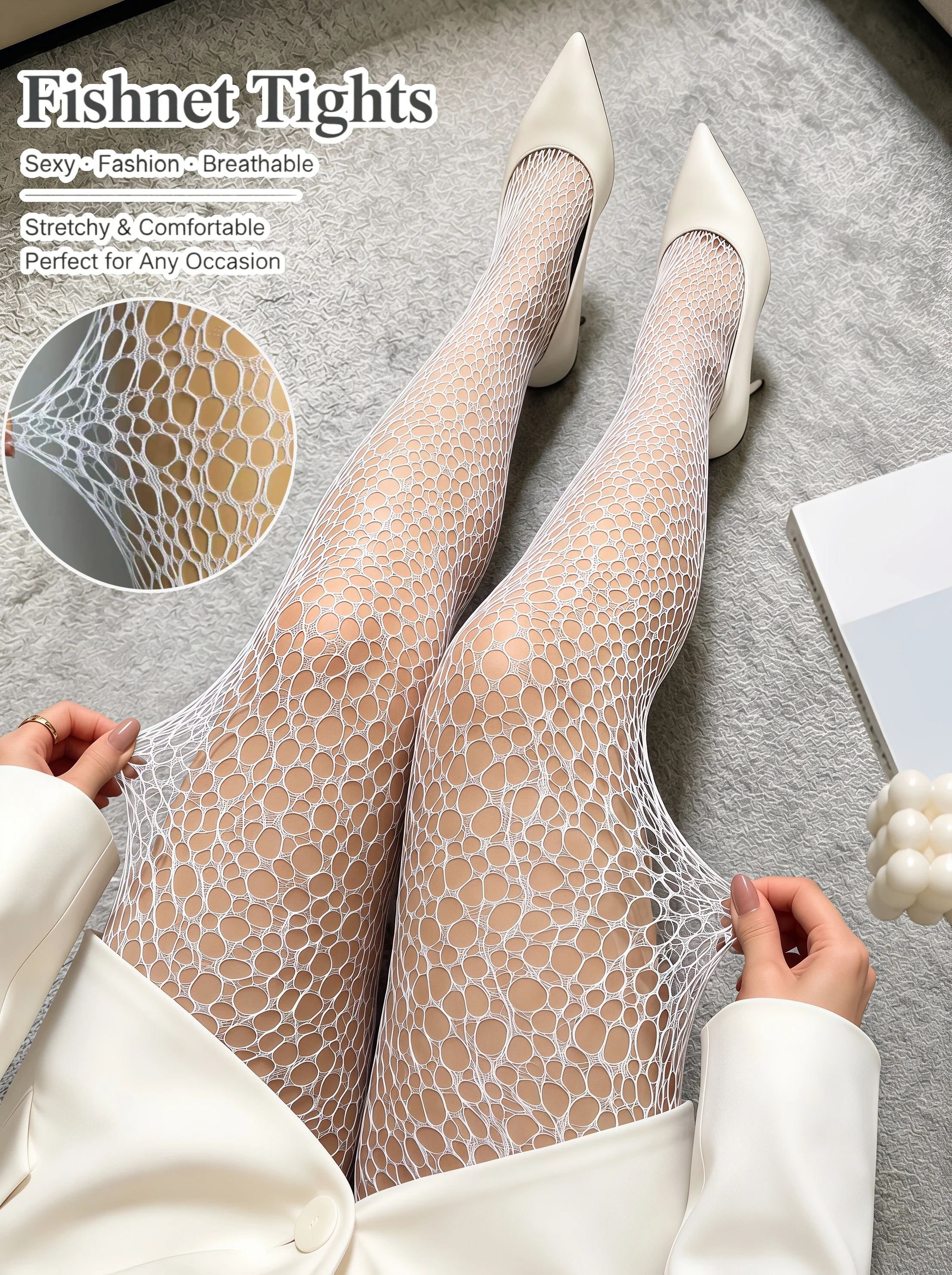 1‑Pack Women's White Irregular Hollow Out Fishnet Tights High Stretch Breathable Jacquard Mesh Pantyhose Sexy Versatile Hosiery