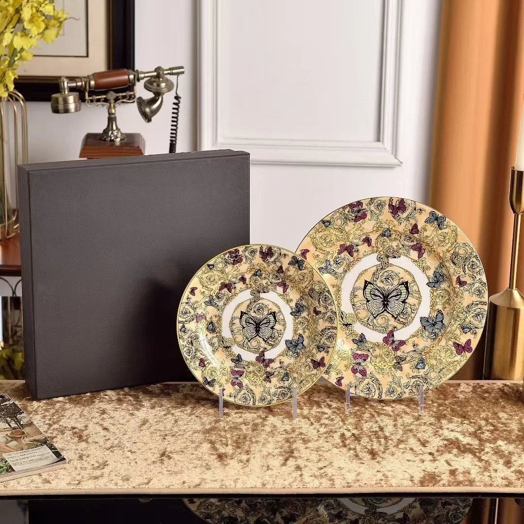 

European Style Light Luxury Butterfly Series Dining Plate 10 Inch Plate 8 Inch Plate Two-piece Set Bone China Plate Fruit Plate
