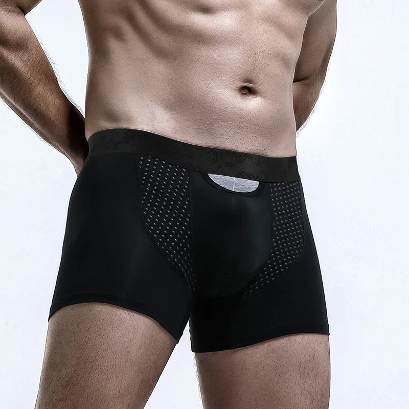 Spermatic cord bullet split underwear men's scrotal vein underpants Ice silk pouch curved flat corner English tights image 2
