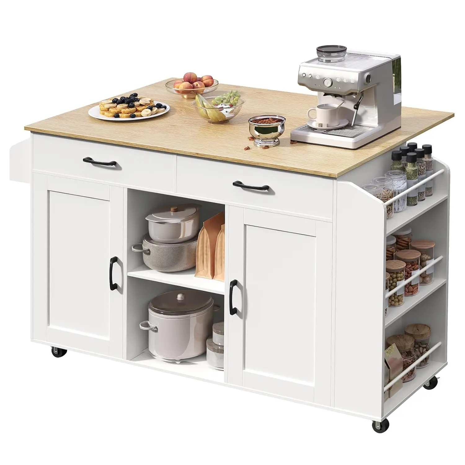 

Kitchen Island with Storage, Mobile Portable Kitchen Table, Kitchen Island on Wheels with Drop Leaf, 52.8" Rolling Island, Spice