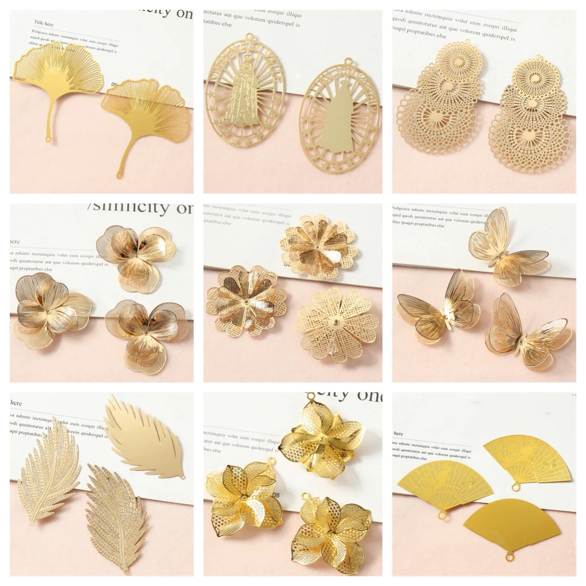 6pcs Copper Filigree Wraps Leaf Portrait Feather Fan Pendant Flowers Butterfly Slice Pieces Connectors For Jewelry Making Deco