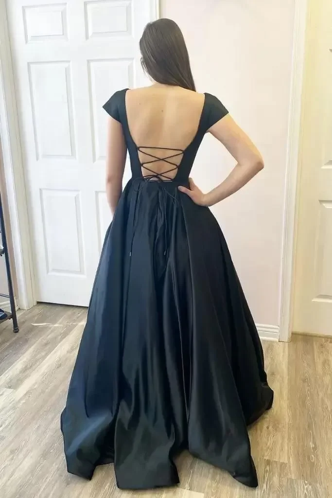 Robe de soirée sexy A-Line PROM, robe de soirée, manches chapeau, licou carré UR avec poche en cristal, plis, concours de beauté, mode