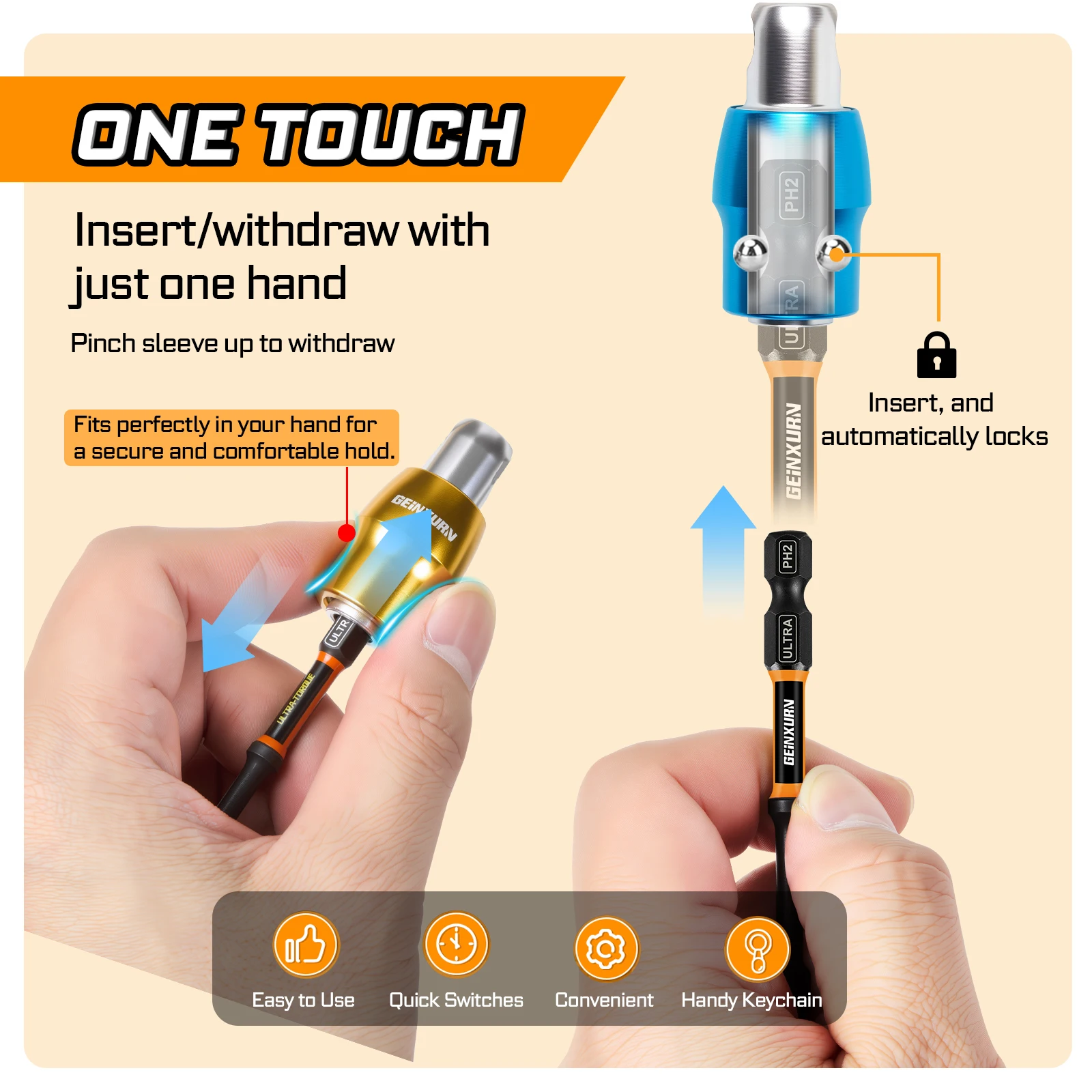 Geinxurn Round-Hole Keyring Set, with 3" Ultra Torque Bit Holder, 1/4" Hex Shank, Quick Release, Color Coded, With Carabiner view 5