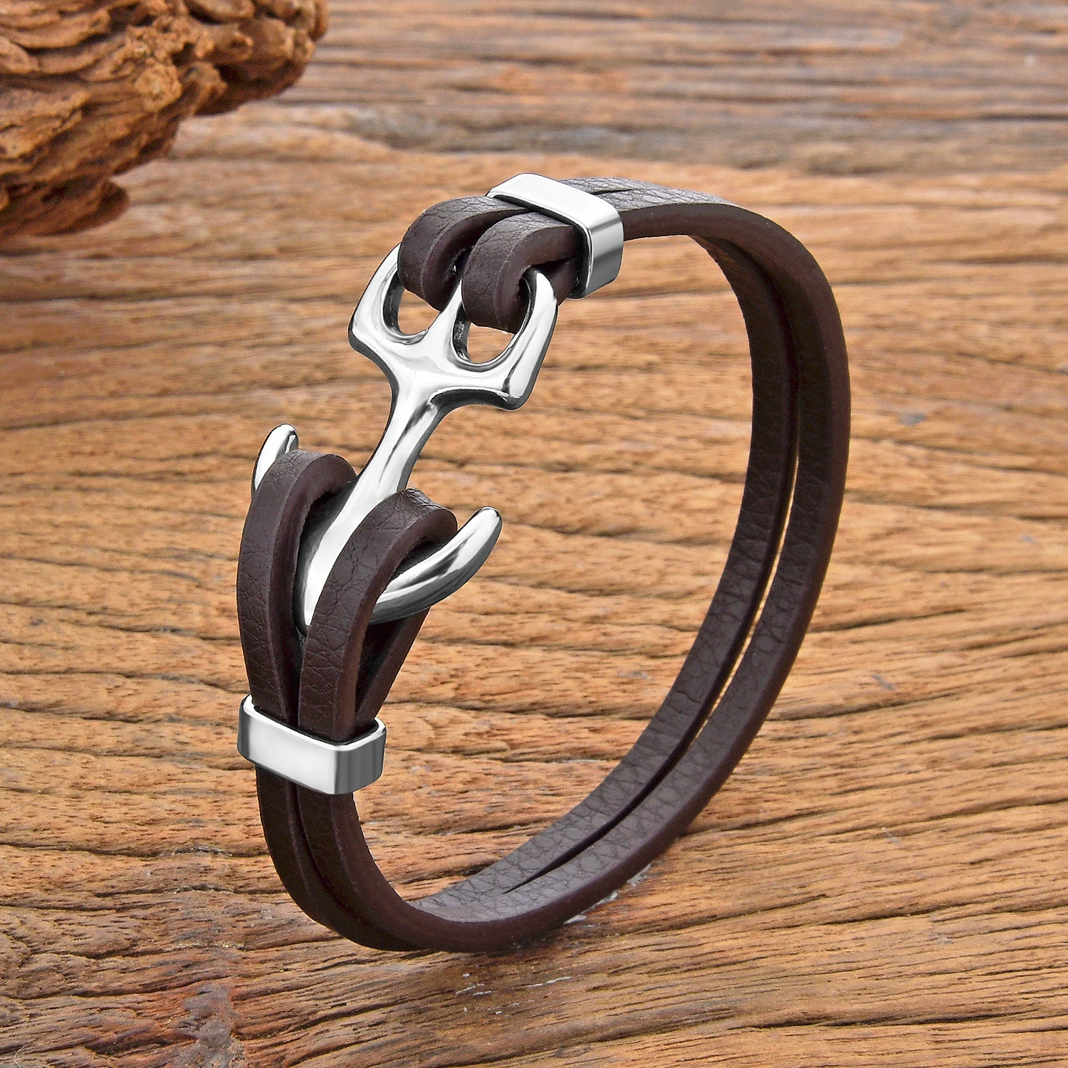 New Punk Navy wind Stainless Steel Anchor Bracelets Brown Black Leather Bracelet & Bangles for Men Trendy Jewelry Gift 2024