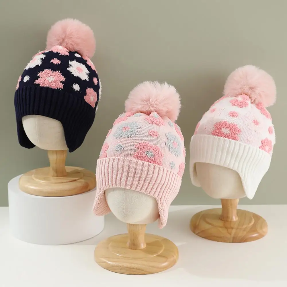 

Children Woolen Hat with Fur Ball Small Flower Decorations Ear Protection Thickened Plush Lining Knitting Hat