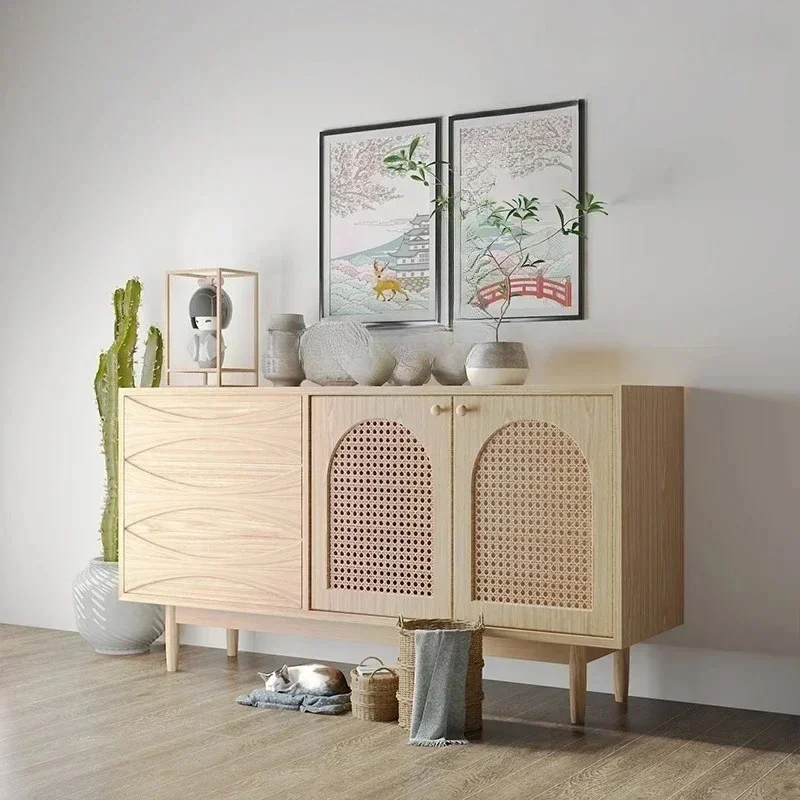 Solid Wood Sideboard with Rattan Detailing for Living Room Storage Cabinet, Ideal for Home and Hotel Use