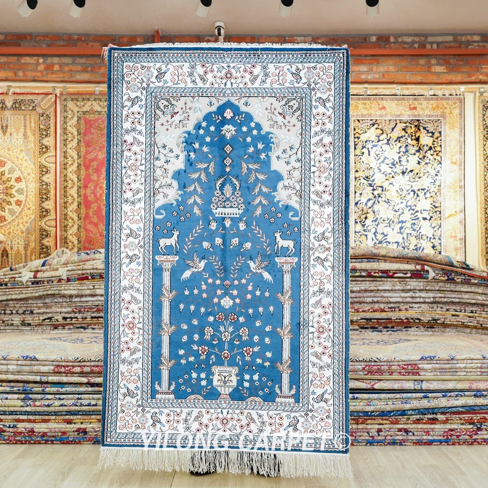 91x152cm Tree Of Life Silk Area Carpet Hand Knotted Blue Persian Rug (YHW326B)