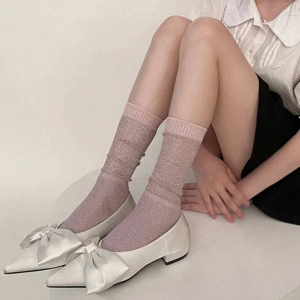 Thin Silver Silk Socks Women Lolita Kawaii  Women Socks Nylon Breathable Girl Loose Long Sock Summer Korean Fashion Solid Color