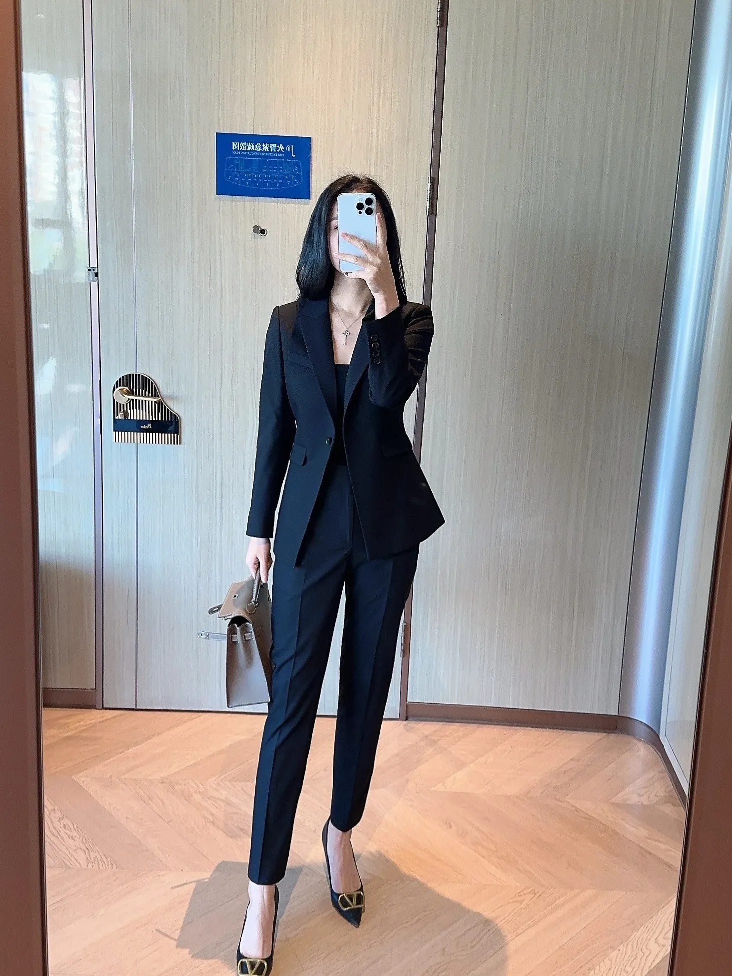 

Bla mat Busin Suit Set for Women Faionable Ele Coat High Waist Nine-Piece Pants Long Sve Button up Slim Fit