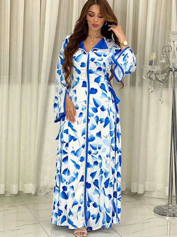 Eid Ramadan Muslim Party Dress for Women Abaya Morocco Long Dresses Lace-up Vestidos Kaftan Islam Sequins Dubai Arab Robe 2024