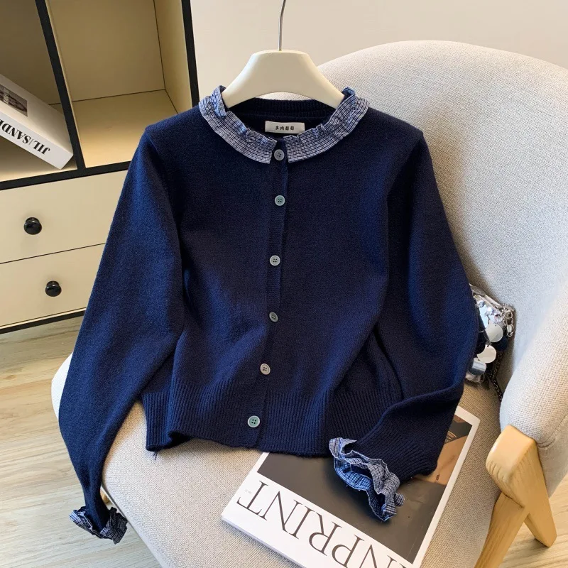 

Винтажный женский свитер с оборками и воротником, однотонный однобортный свободный вязаный топ, рубашка, женский вязаный кардиган для отдыха, куртки