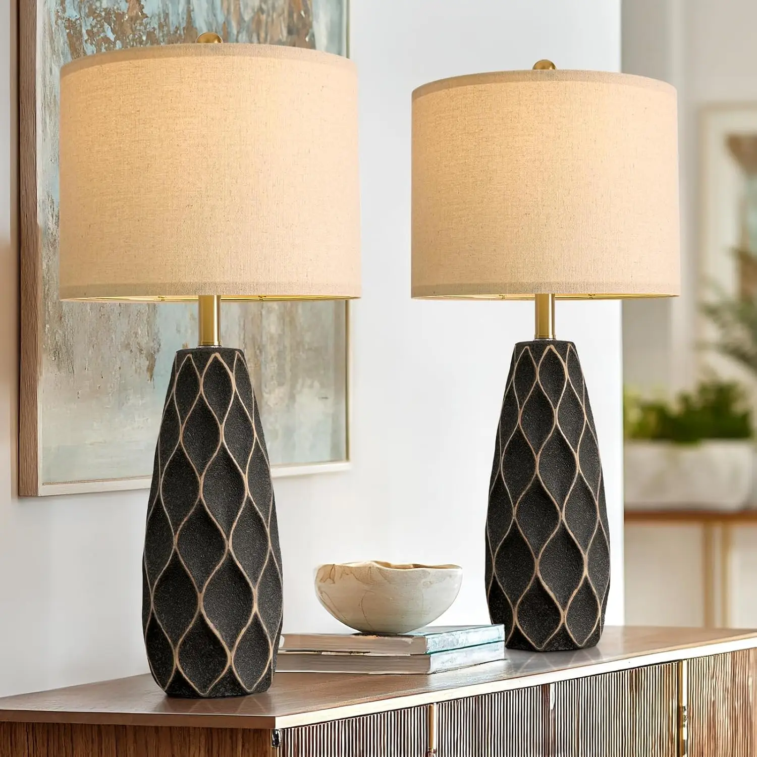 

Set of 2 Ceramic Table Lamps - Vintage Retro Design for Bedroom Living Room Nightstand, Black