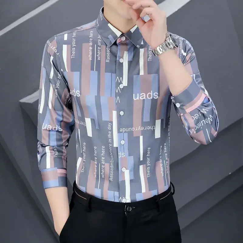 

Stylish Lapel Button Spliced Printed Letter Shirts Men's Clothing 2022 Autumn New Oversized Casual Tops All-match Korean Shirt