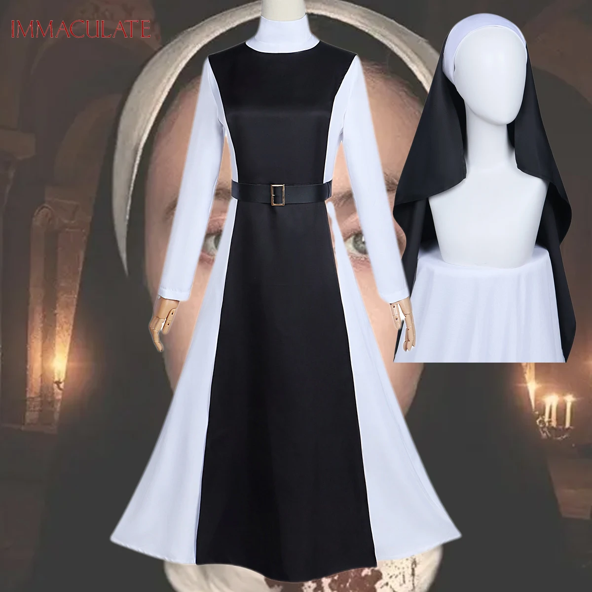 Halloween Nun Cosplay Costume Movie Nun Sister Uniform Adult Women Carnival Party Black White Nun Dress IMMACULATE Set Disfraz