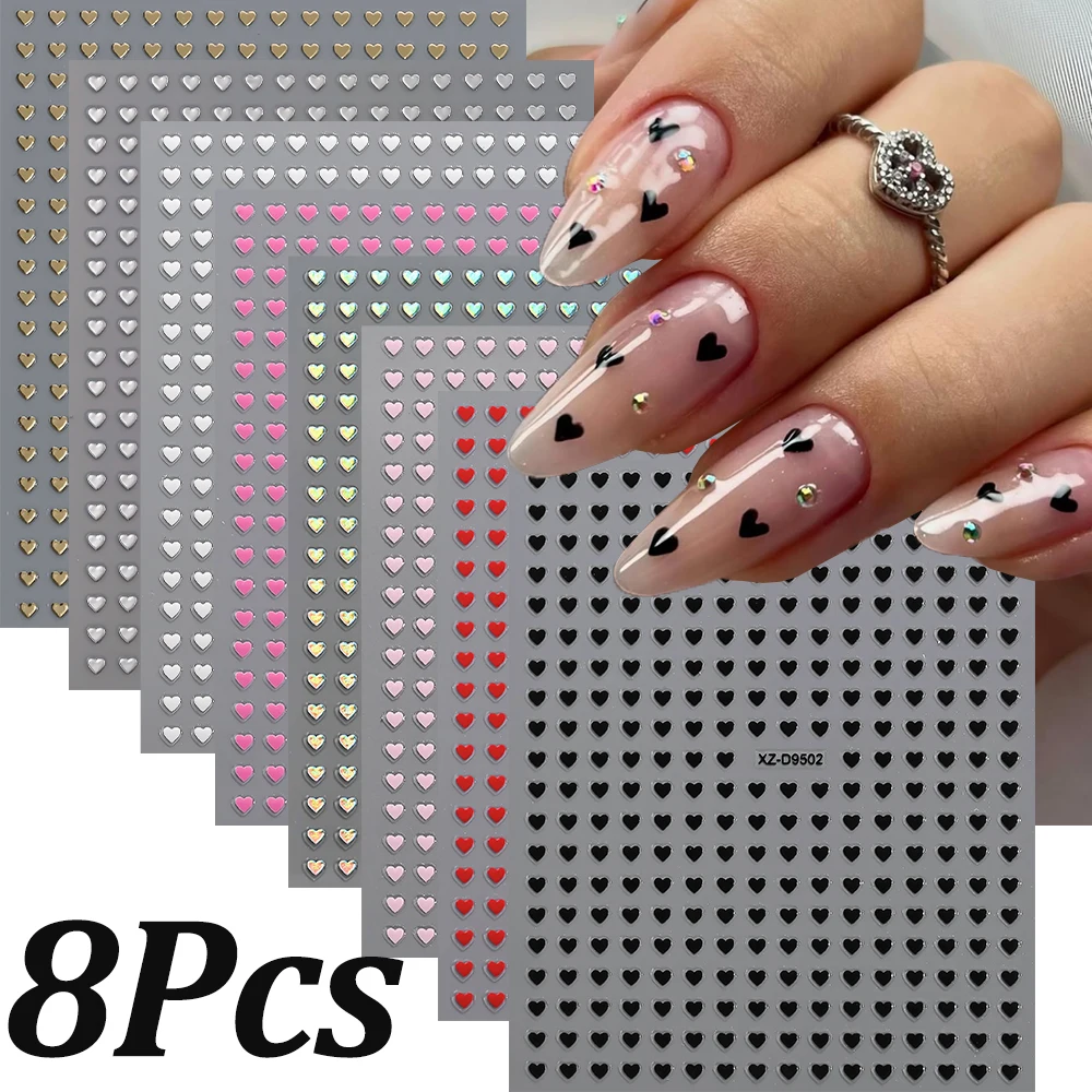 8 pçs kawaii mini coração amor dia dos namorados adesivos de unhas 3d misturado preto/branco/rosa/coração vermelho doce decalques de unhas romântico suprimentos de unhas