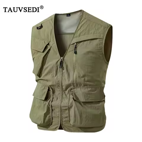 Summer Men Multi Pocket Waterproof Sleeveless Vest Man Cargo Sport Fishing Vest Coat Male Outdoor Tactical Casual Safari Jackets