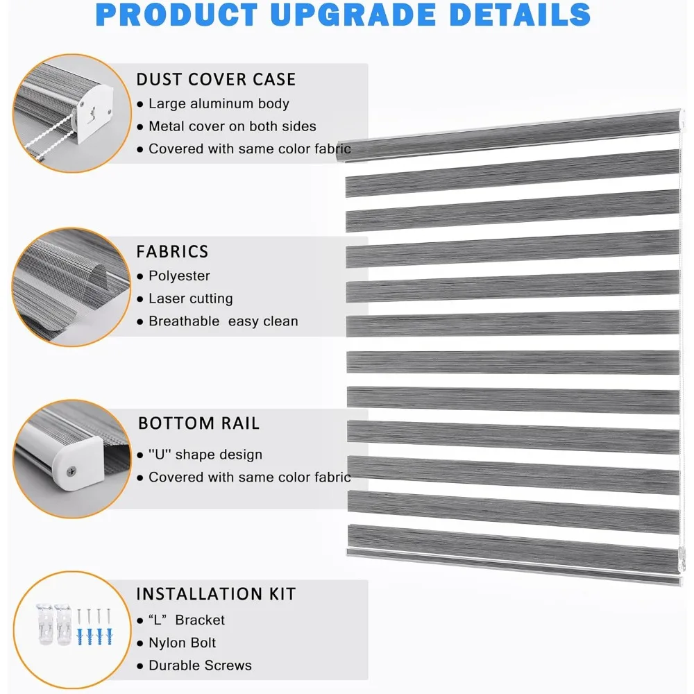 ستائر حمار وحشي مزدوجة الطبقات للنوافذ، ظلال دوارة لتصفية الضوء باللون الرمادي، عرض 21 بوصة، أقصى ارتفاع 72 بوصة #4